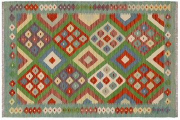 Flat Weave Kilim, Antique, Navaho, Vintage, Handmade, Modern Kilim Rust Blue Hand-Woven Rectangle 100% Wool Area Rug 3 x 5